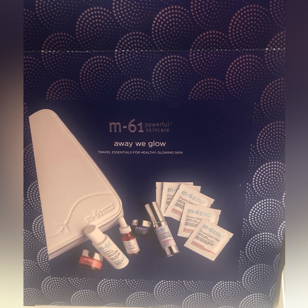 NWT in box m-61 6 piece Powerful Skincare Away We Glow set in white travel case